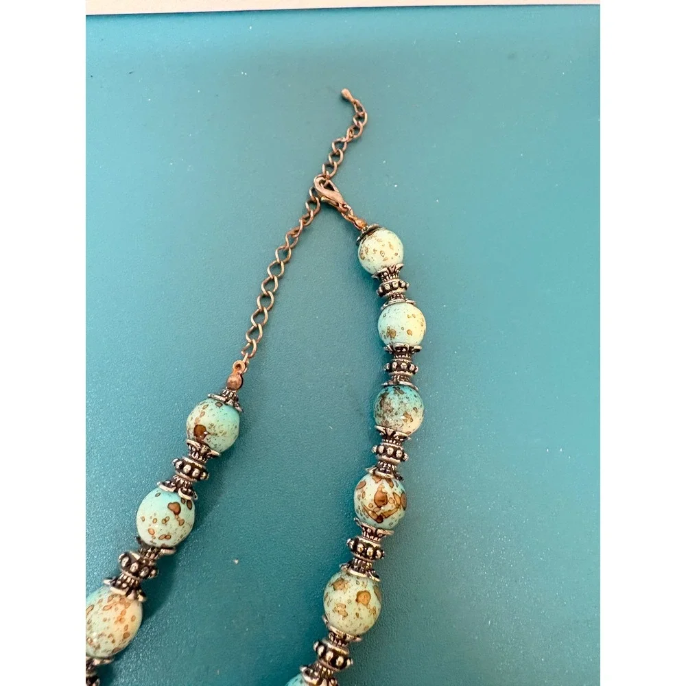 Turquoise Speckled Beaded Statement Necklace Silver Tone Boho Southwestern